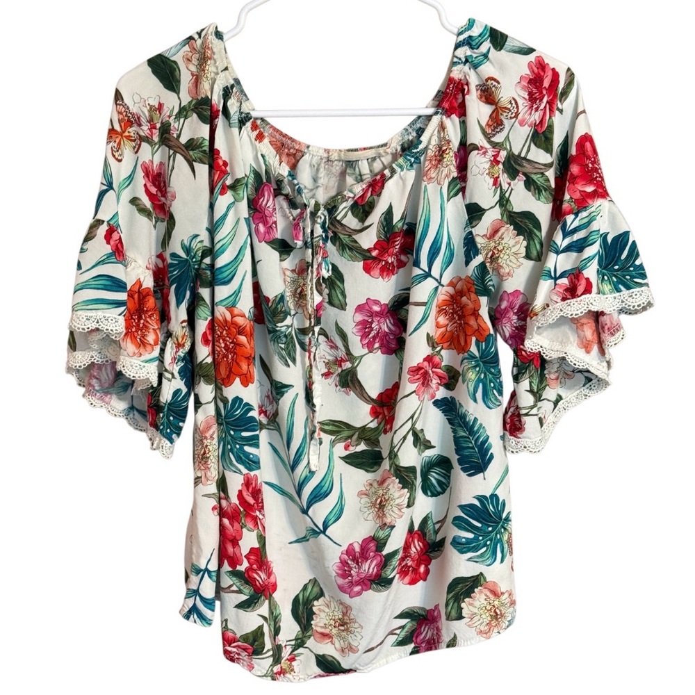 Vine & Love Floral Boho Blouse large Off Shoulder Peasant Top Lace Trim Rayon